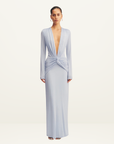 Shona Joy Miro Slinky Jersey Long Sleeve Plunged Maxi Dress in Sky