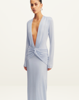 Shona Joy Miro Slinky Jersey Long Sleeve Plunged Maxi Dress in Sky