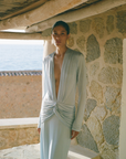 Shona Joy Miro Slinky Jersey Long Sleeve Plunged Maxi Dress in Sky