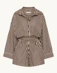 Faithfull Belas cotton playsuit in Rita stripe port with a collared shirt top, button front, and drawstring waist.