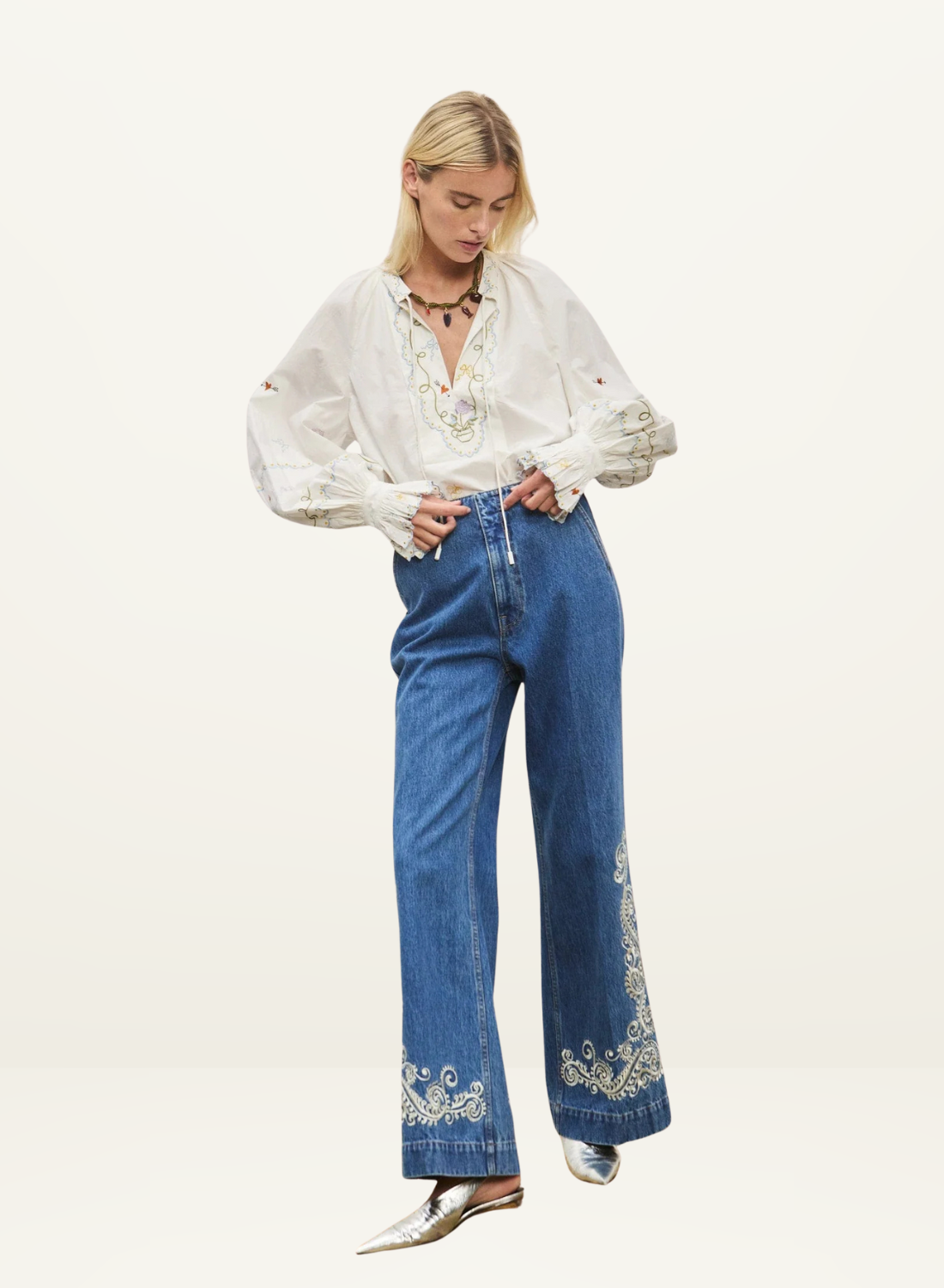 Alemais Giulia Embroidered Blouse in IVORY