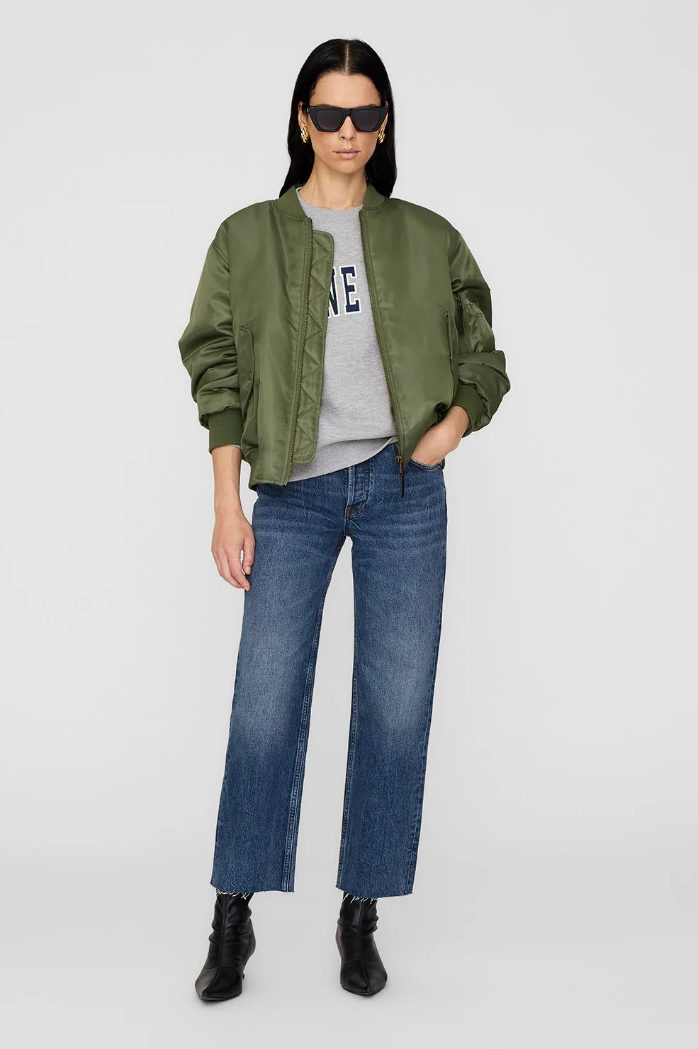 Anine Bing Spencer Sweatshirt in Heather Grey with Navy