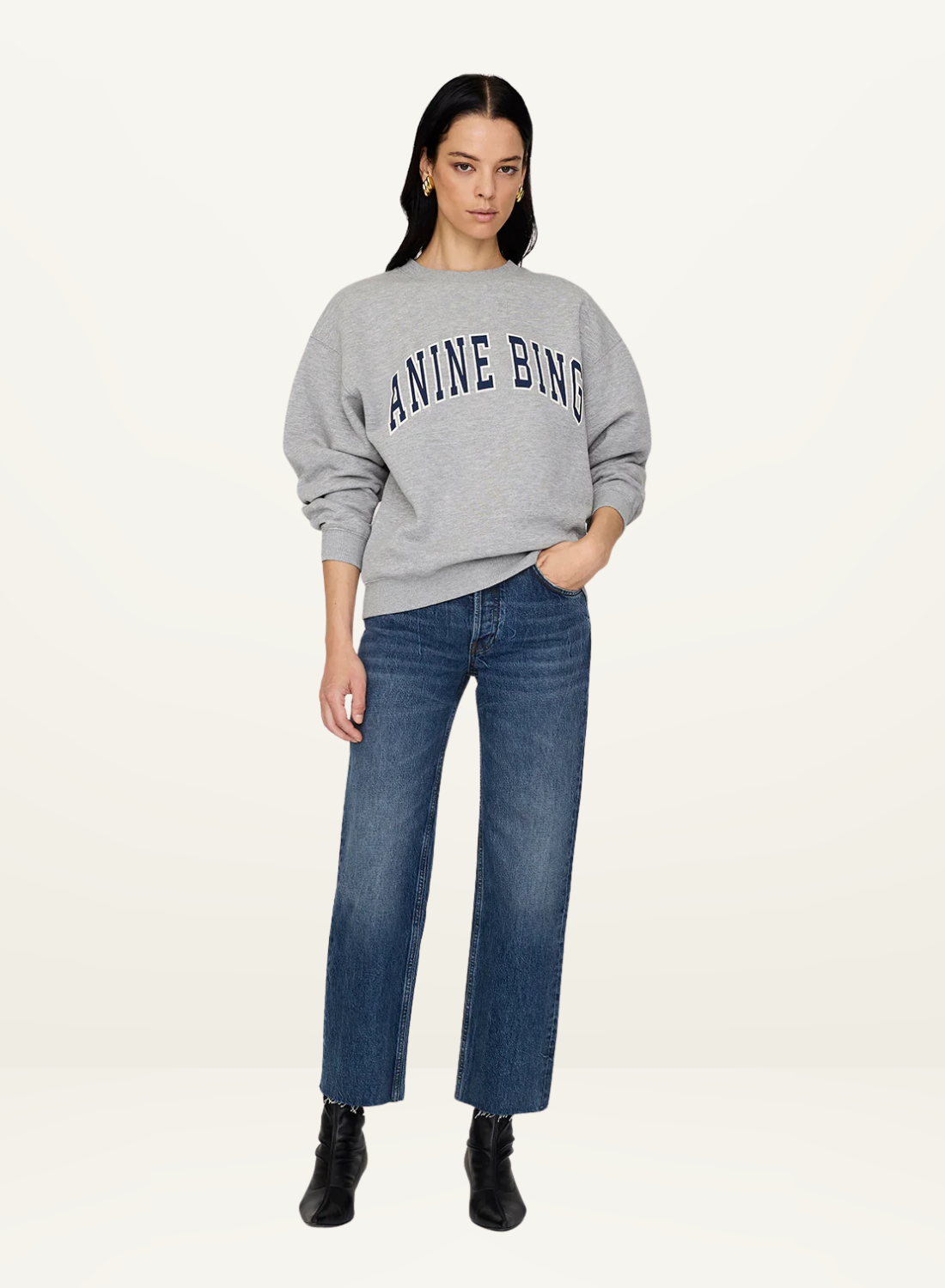 Anine Bing Spencer Sweatshirt in Heather Grey with Navy