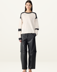 Bassike L/S Slouch Panelled T-Shirt in Ecru/Charcoal Marle