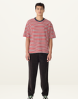 Bassike Quarter Sleeve T-Shirt in Red Navy Natural Stripe