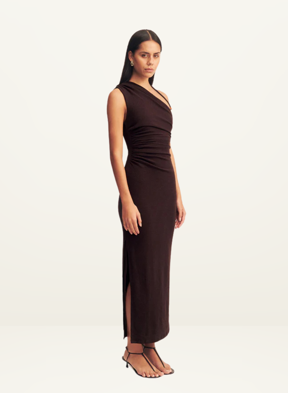 Shona Joy Beau Gathered Asymmetrical Midi Dress in CHOCOLATE // LAST ONE - SIZE 10