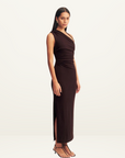 Shona Joy Beau Gathered Asymmetrical Midi Dress in CHOCOLATE // LAST ONE - SIZE 10