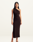 Shona Joy Beau Gathered Asymmetrical Midi Dress in CHOCOLATE // LAST ONE - SIZE 10