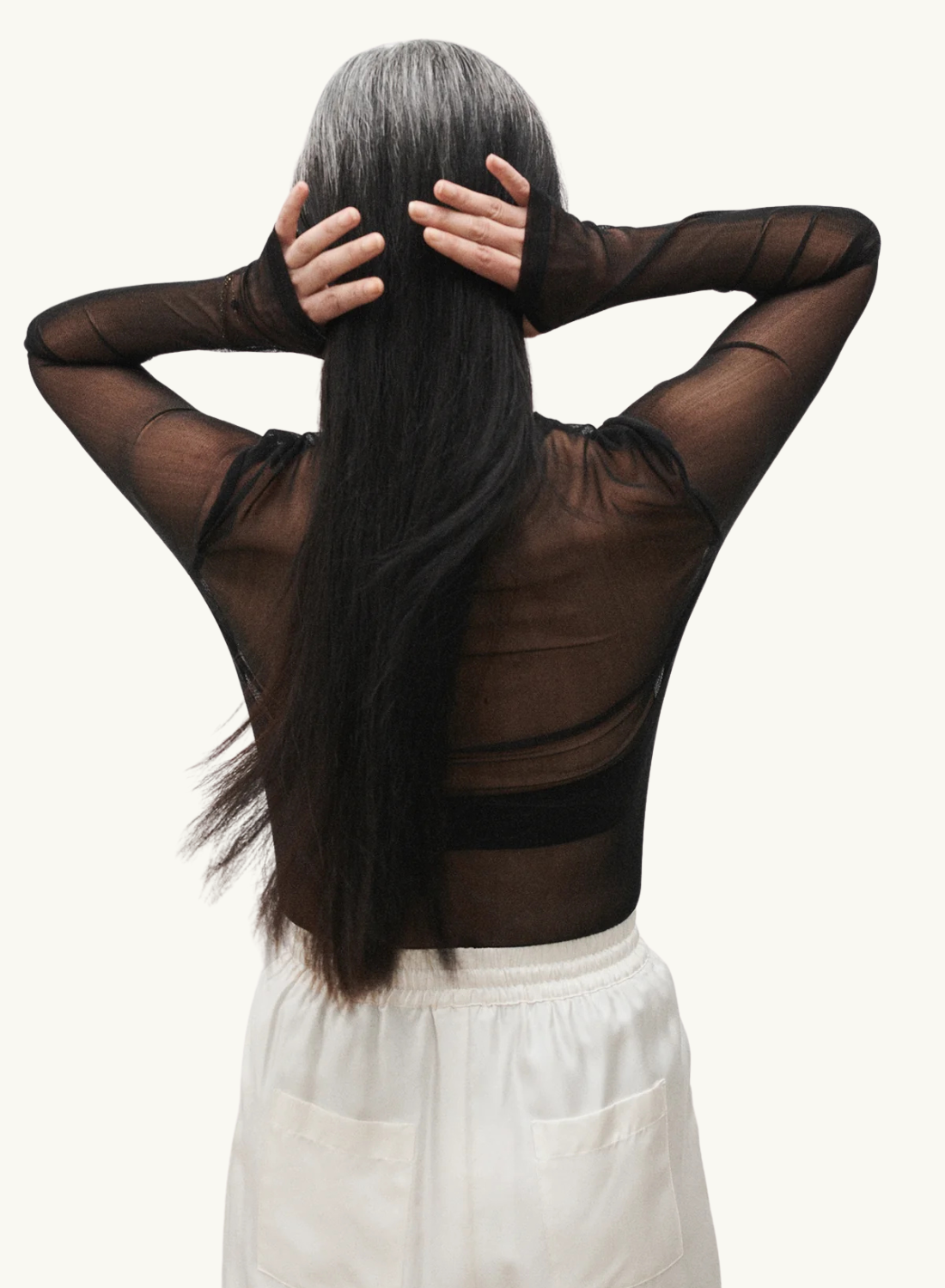 Silk Laundry Mesh Long Sleeve Top in BLACK