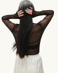 Silk Laundry Mesh Long Sleeve Top in BLACK