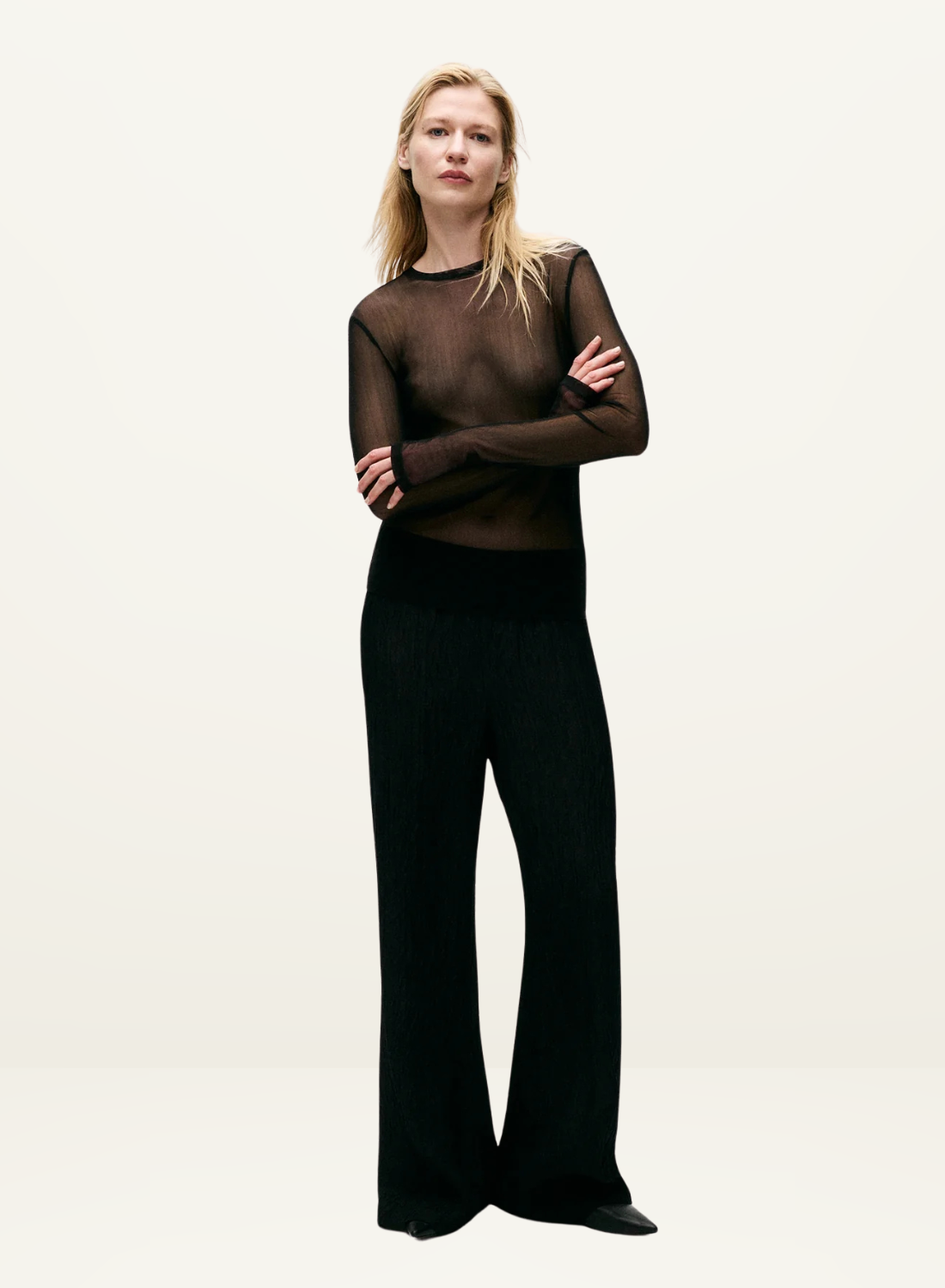 Silk Laundry Mesh Long Sleeve Top in BLACK