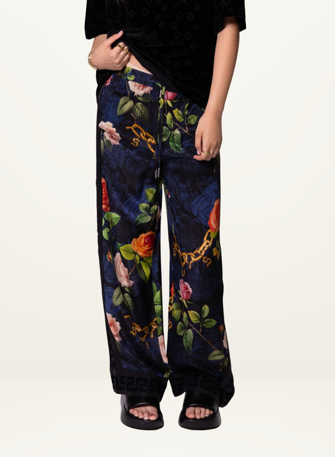 Something Very Special Chains and Roses Silk Vacay Pant in Black