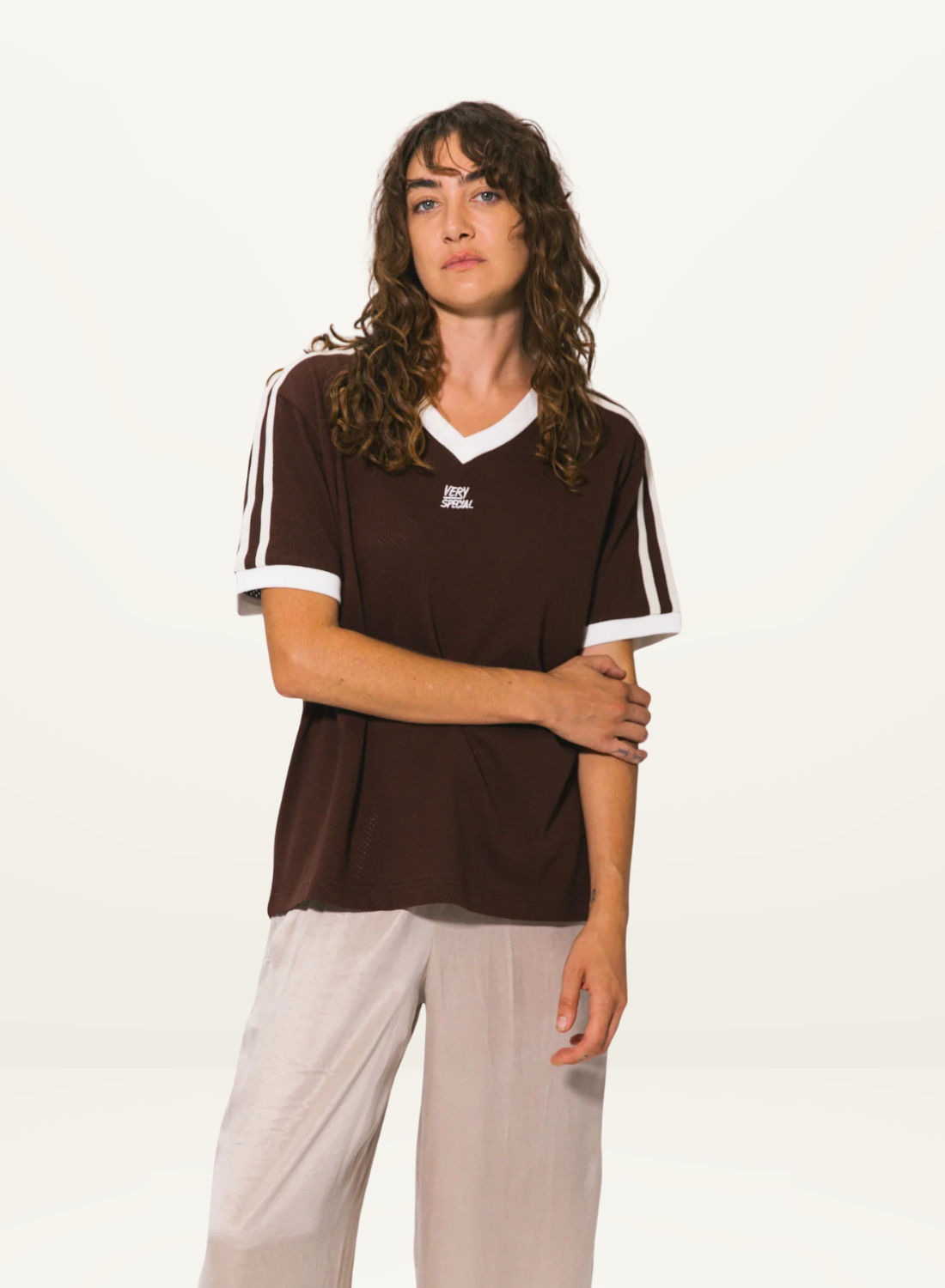 Very Special Mocha Mesh Stripe Tee in Brown