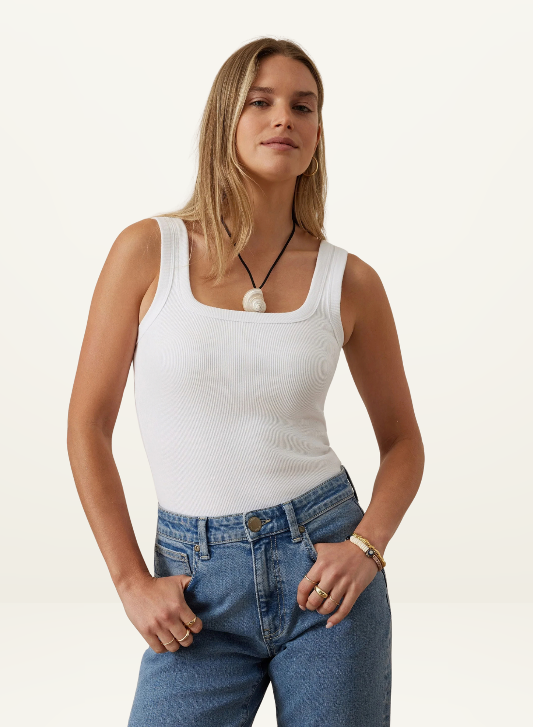 Ceres Life Zaeli Contour Rib Square Neck Tank in White