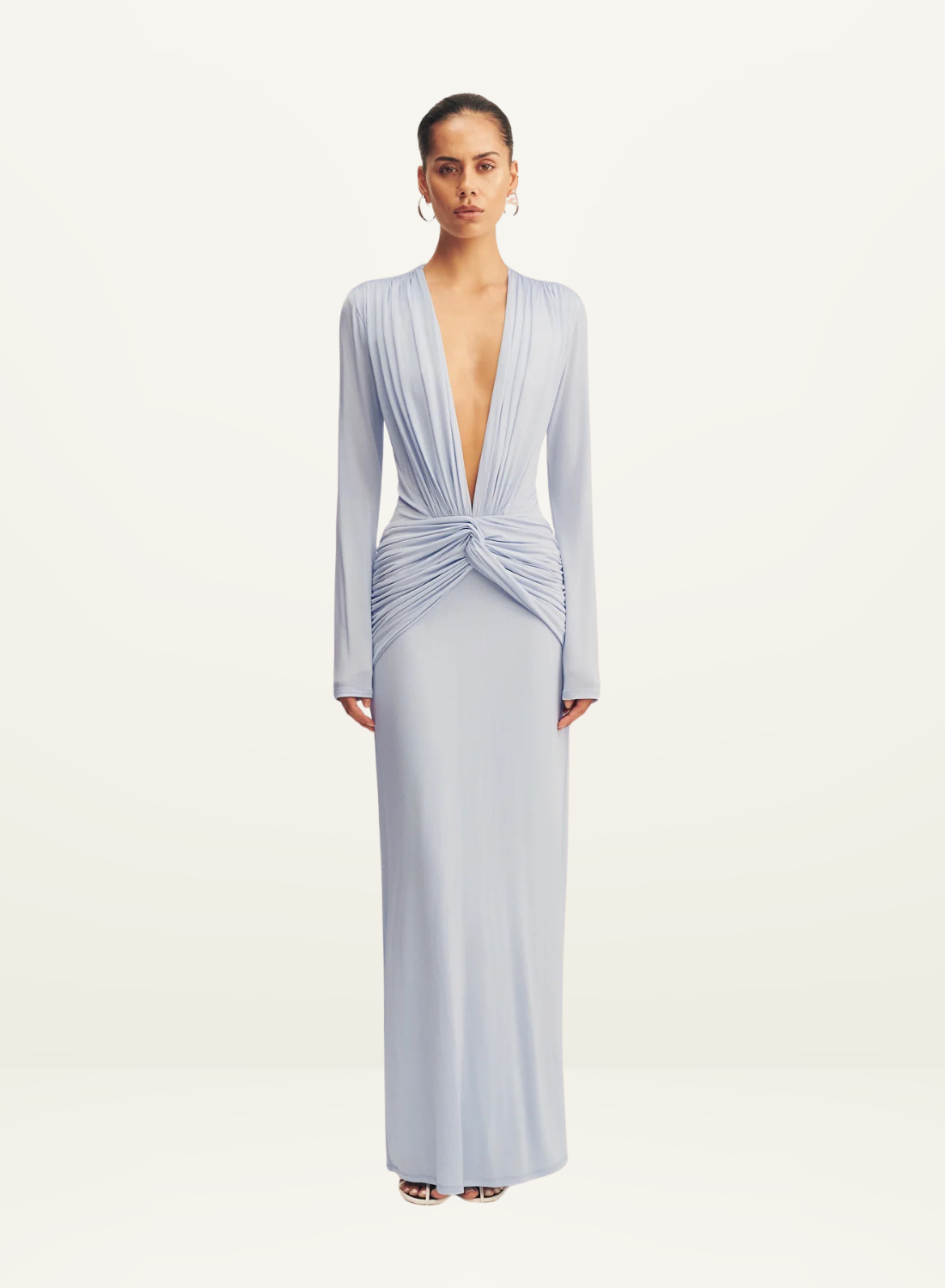 Shona Joy Miro Slinky Jersey Long Sleeve Plunged Maxi Dress in Sky