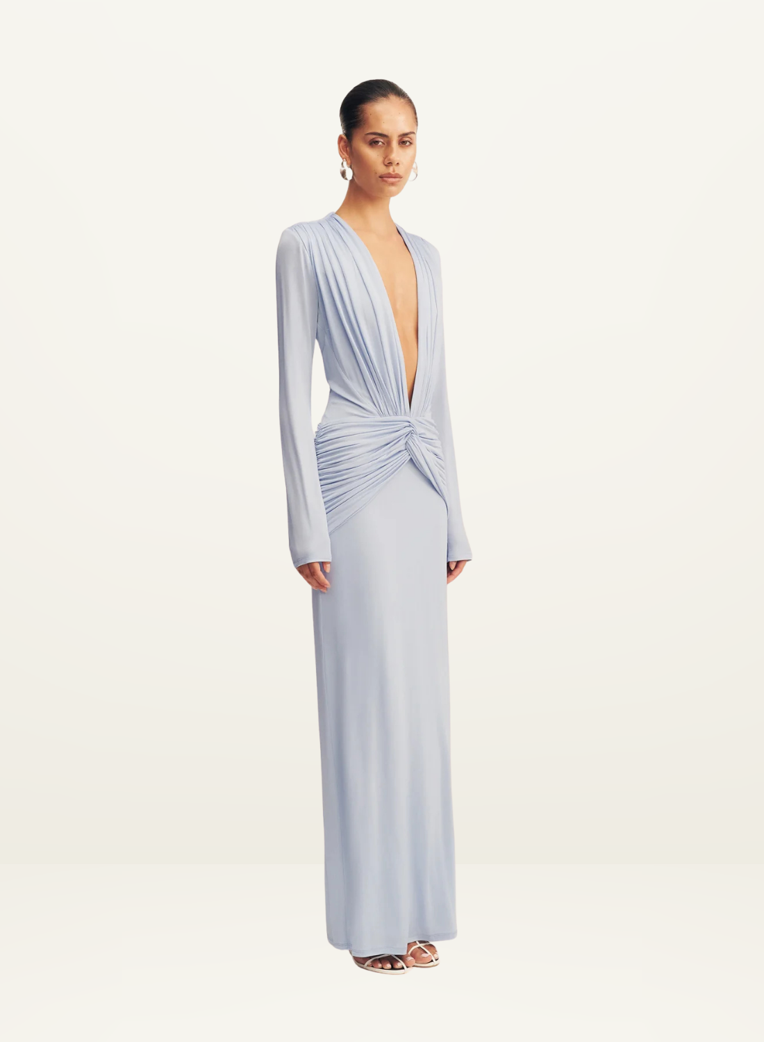 Shona Joy Miro Slinky Jersey Long Sleeve Plunged Maxi Dress in Sky