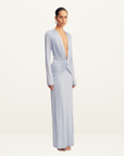 Shona Joy Miro Slinky Jersey Long Sleeve Plunged Maxi Dress in Sky