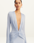 Shona Joy Miro Slinky Jersey Long Sleeve Plunged Maxi Dress in Sky