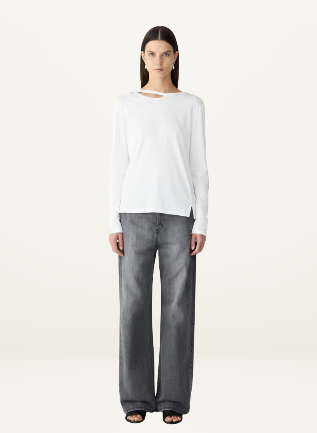 Bassike Raw Neck Cut Out L/S T-Shirt in White