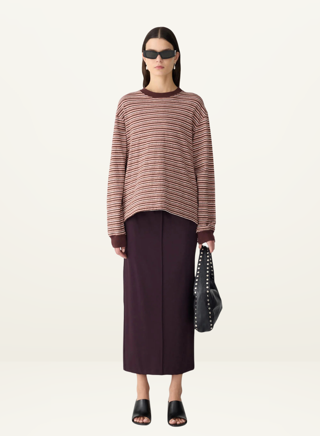 Bassike Stripe Slouch L/S T-Shirt in Pink Orange Plum