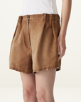 Bassike Worn Denim Elasticated Denim Short in Washed Tan