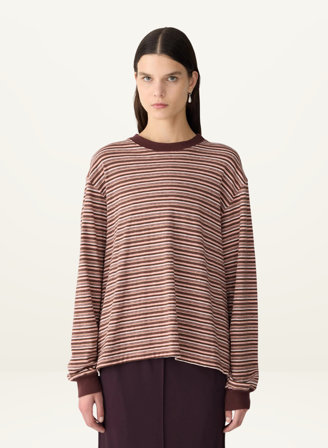 Bassike Stripe Slouch L/S T-Shirt in Pink Orange Plum