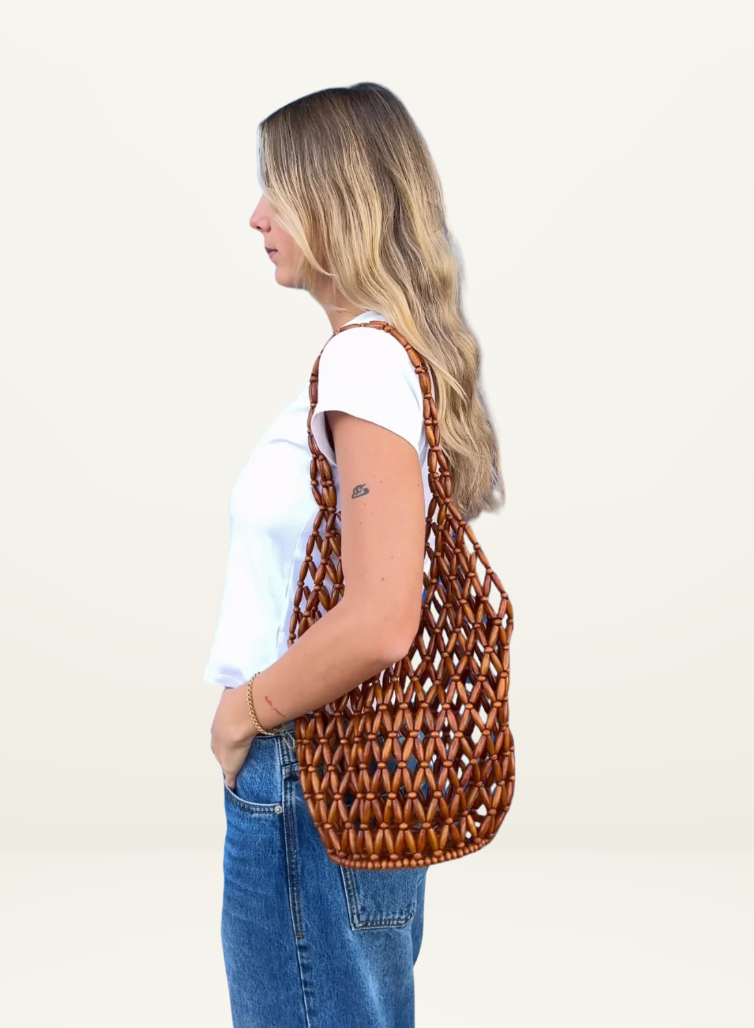 Aelia Beaded Bucket Bag in Brown