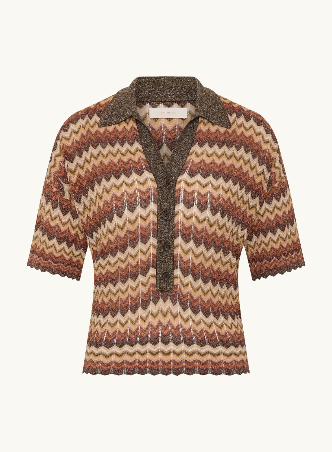 Faithfull Raya polo top in Lais stripe crochet-feel knit with a collared neckline, button placket, and short sleeves.
