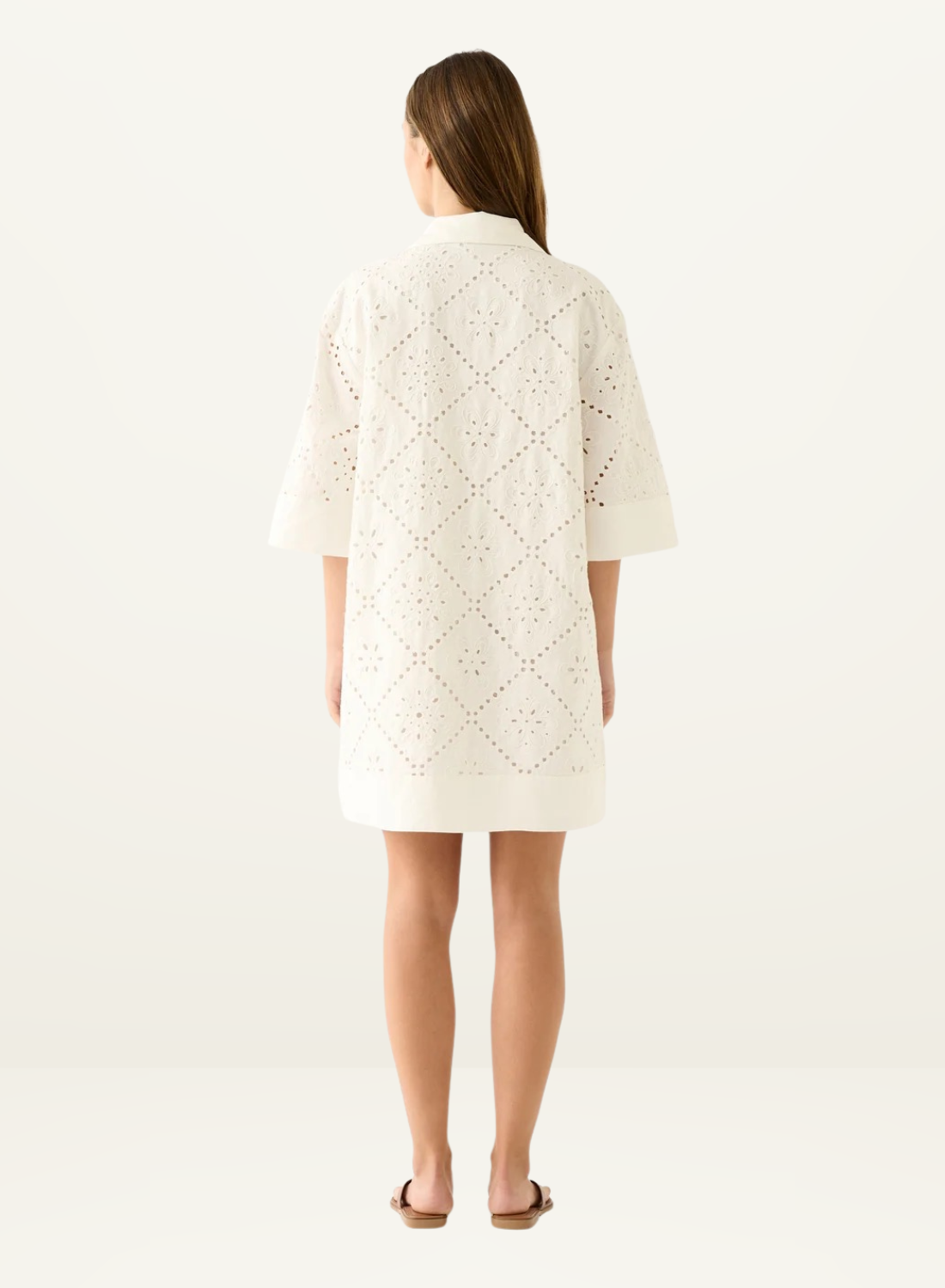 Back view of a white Esmaee mini dress featuring intricate eyelet embroidery, a collared neckline, and elbow-length sleeves.