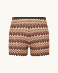 Faithfull Raya mini shorts in Lais stripe crochet-feel knit with a mid-rise ribbed elastic waistband and scalloped hem.
