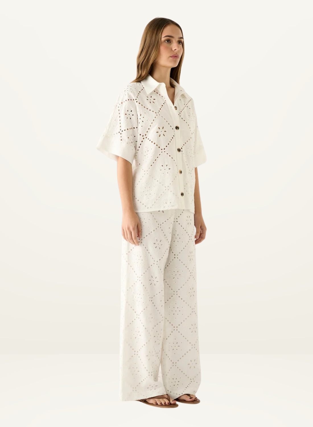 White Esmaee button-down shirt featuring intricate eyelet embroidery, a classic collar, and short sleeves.
