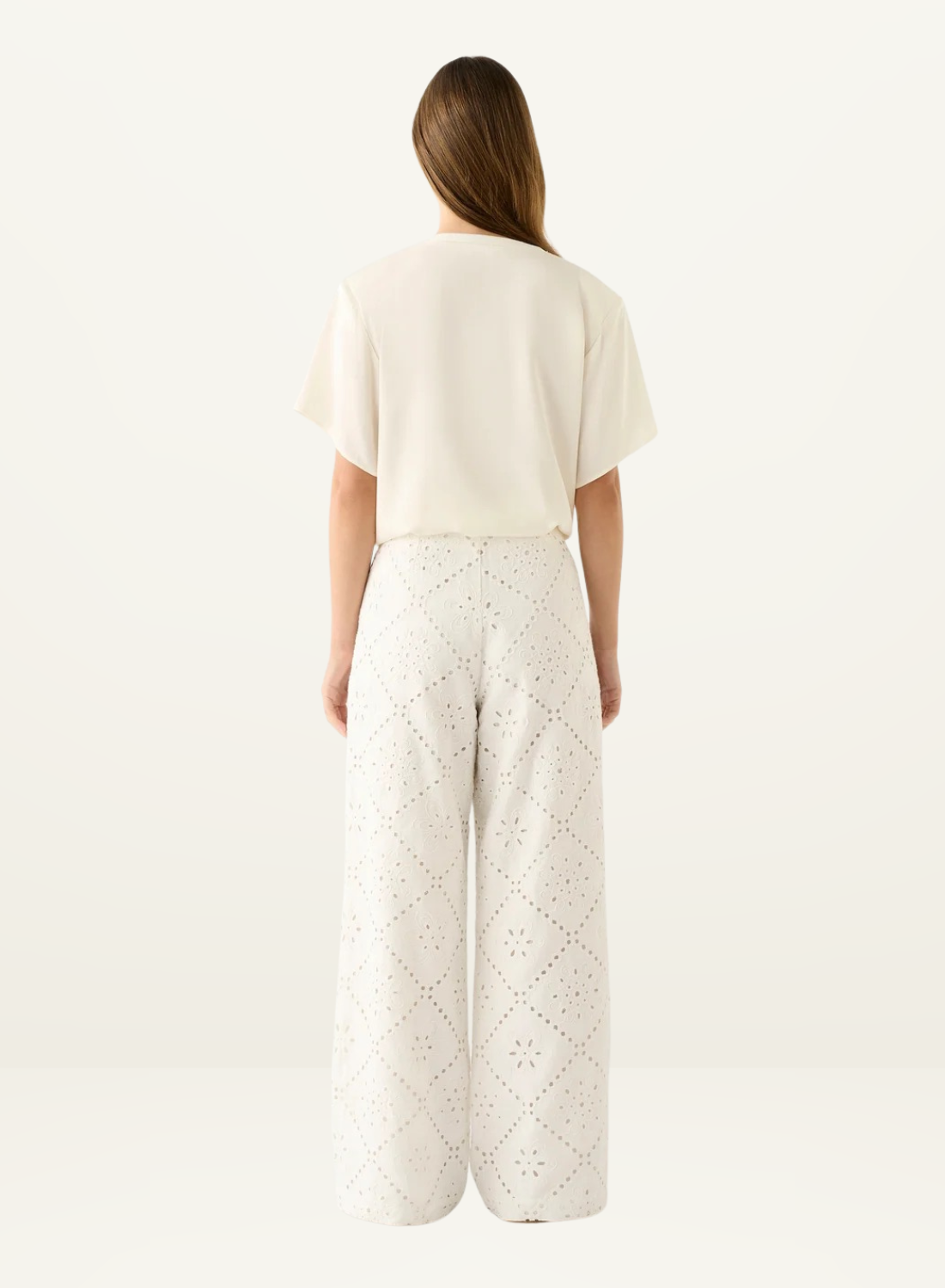 Esmaee white wide-leg pants featuring intricate floral eyelet embroidery and a high-waisted silhouette.