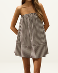 Strapless cotton mini dress in Rita stripe port with a shirred bodice and relaxed tent silhouette.