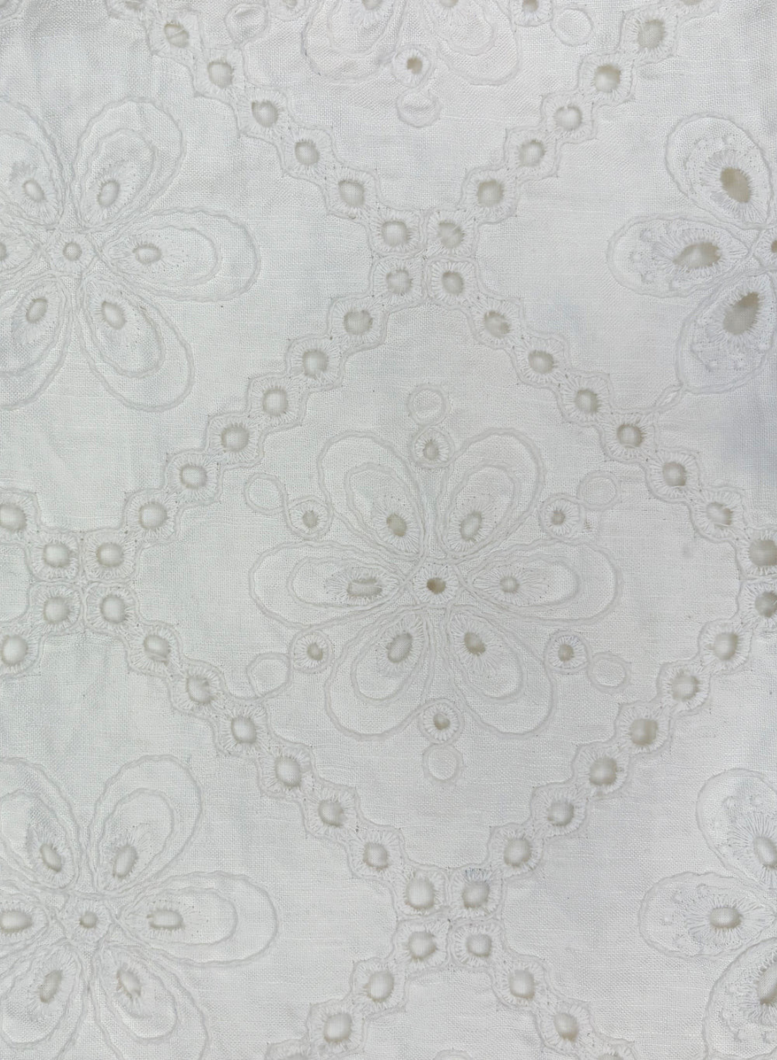 White cotton fabric featuring intricate floral eyelet embroidery in a diamond pattern for Esmaee Artisan pants.