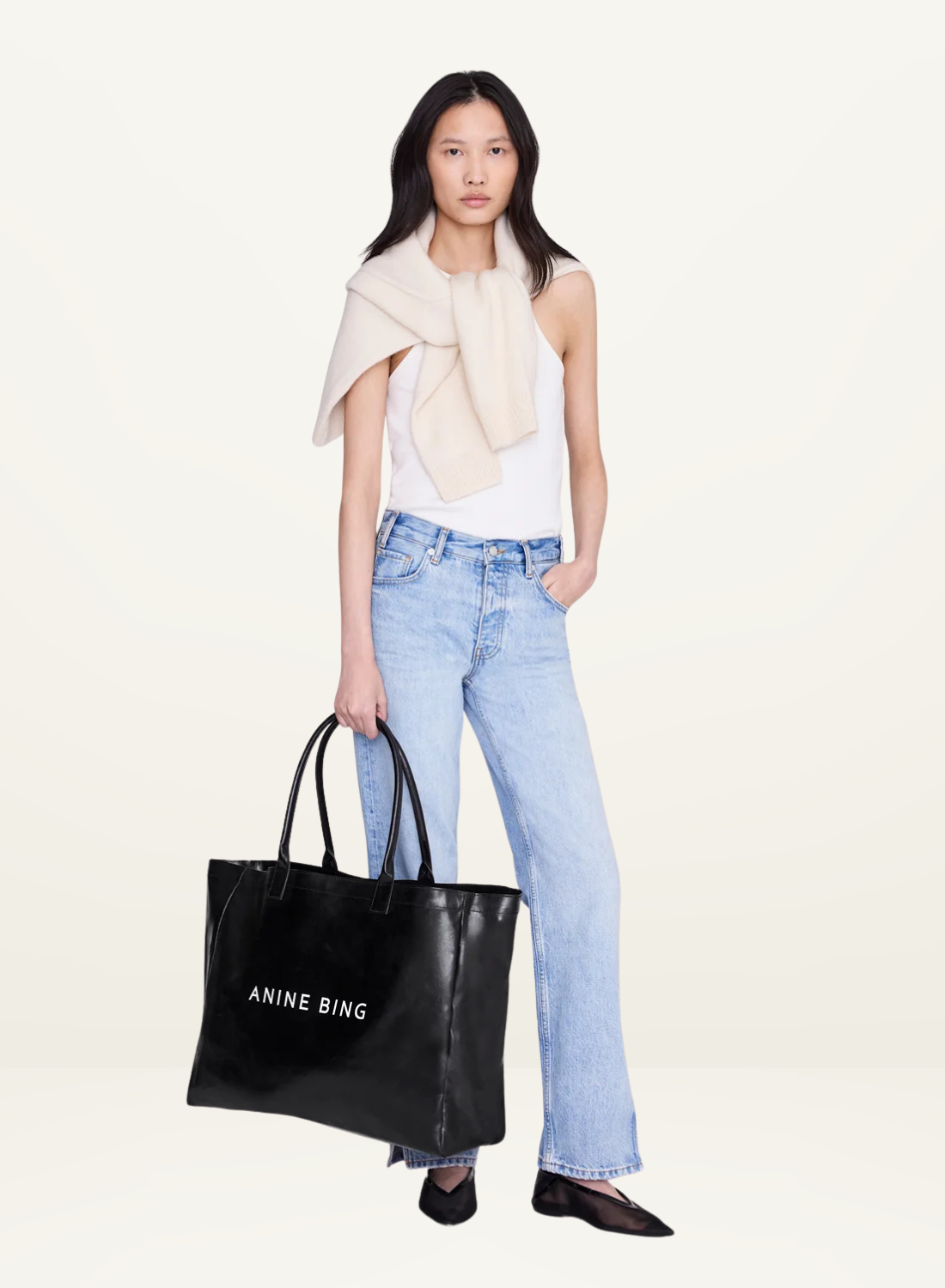 Anine Bing Leo Coated Canvas Tote Bag in Black