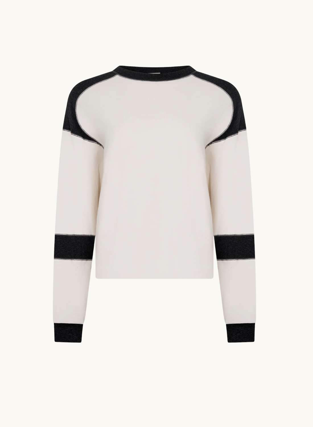 Bassike L/S Slouch Panelled T-Shirt in Ecru/Charcoal Marle