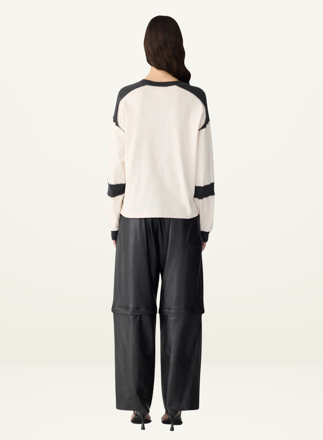 Bassike L/S Slouch Panelled T-Shirt in Ecru/Charcoal Marle