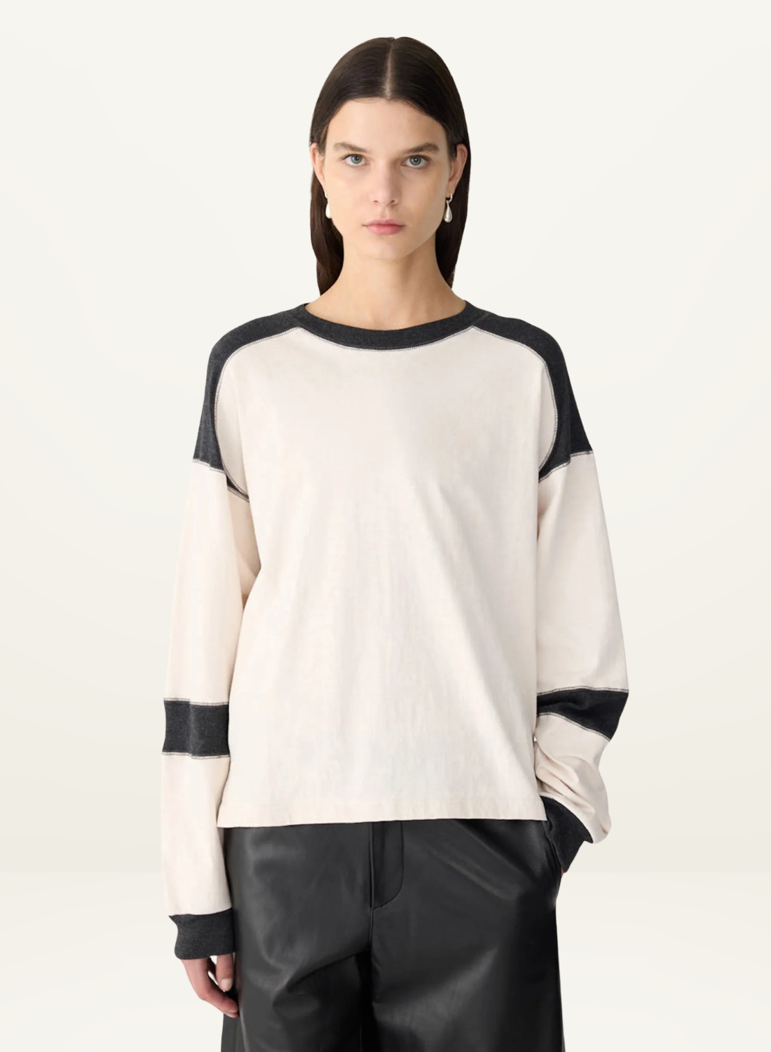 Bassike L/S Slouch Panelled T-Shirt in Ecru/Charcoal Marle