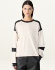 Bassike L/S Slouch Panelled T-Shirt in Ecru/Charcoal Marle