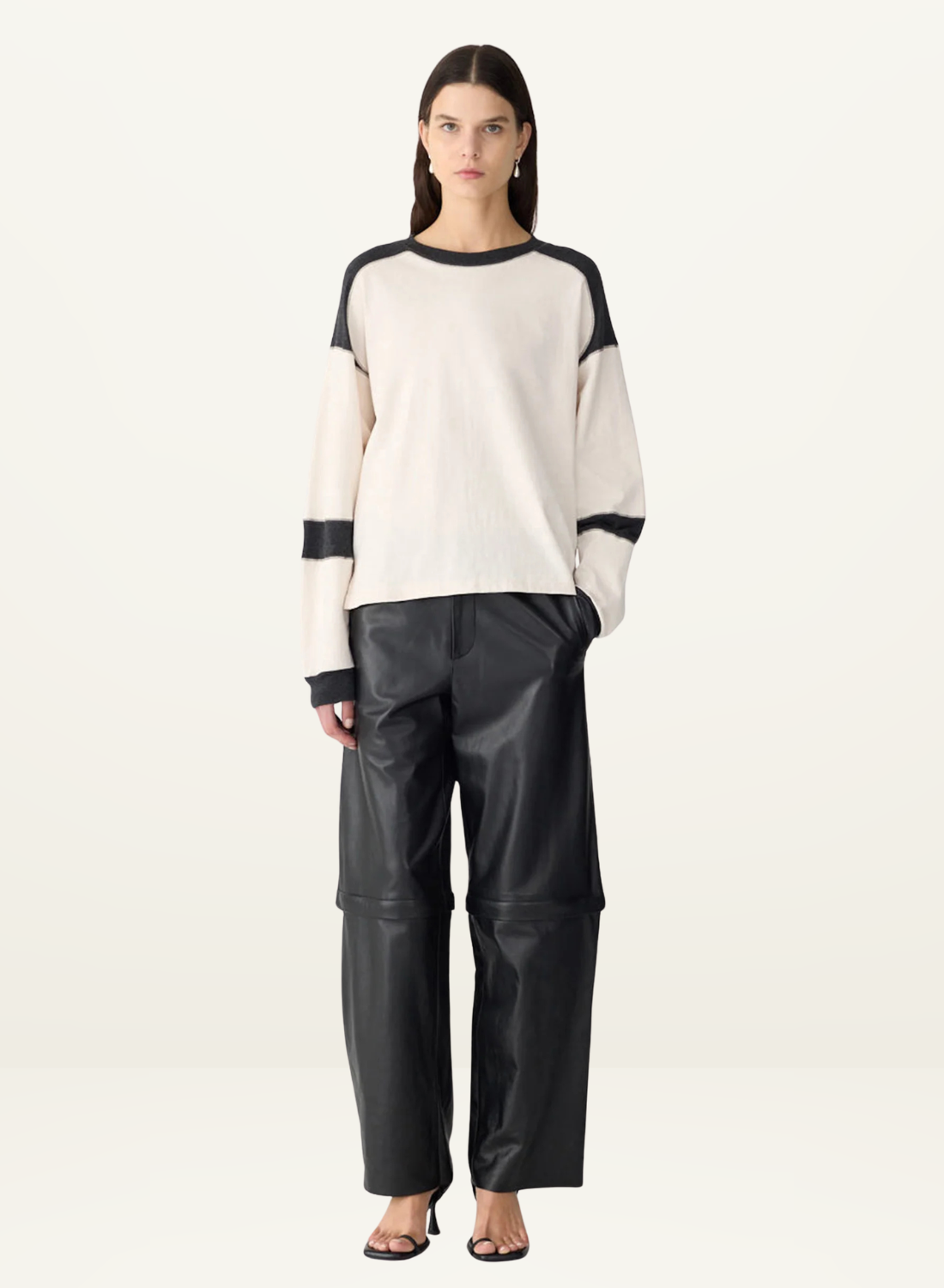 Bassike L/S Slouch Panelled T-Shirt in Ecru/Charcoal Marle