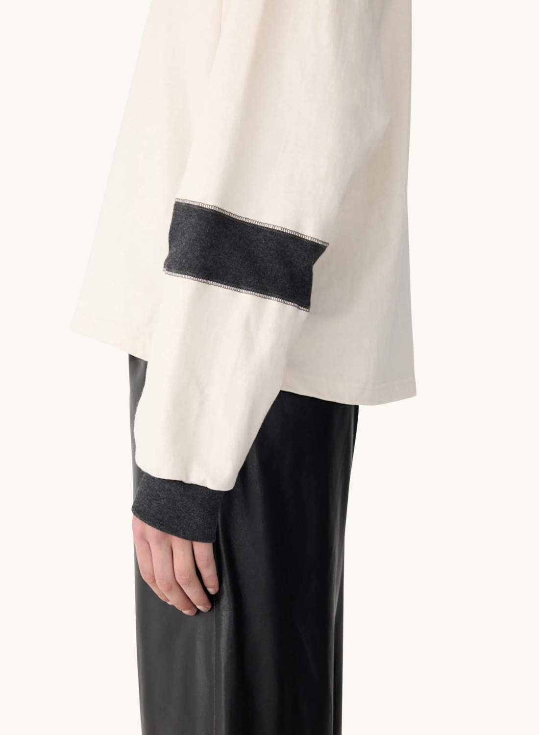 Bassike L/S Slouch Panelled T-Shirt in Ecru/Charcoal Marle