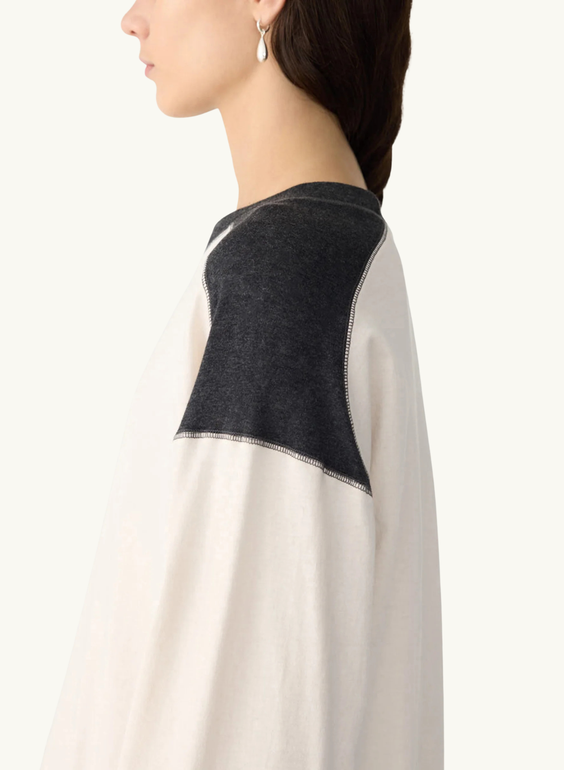 Bassike L/S Slouch Panelled T-Shirt in Ecru/Charcoal Marle