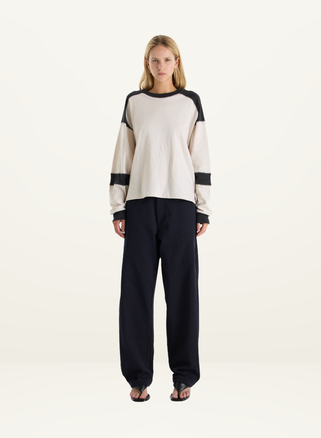 Bassike L/S Slouch Panelled T-Shirt in Ecru/Charcoal Marle