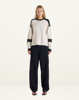 Bassike L/S Slouch Panelled T-Shirt in Ecru/Charcoal Marle