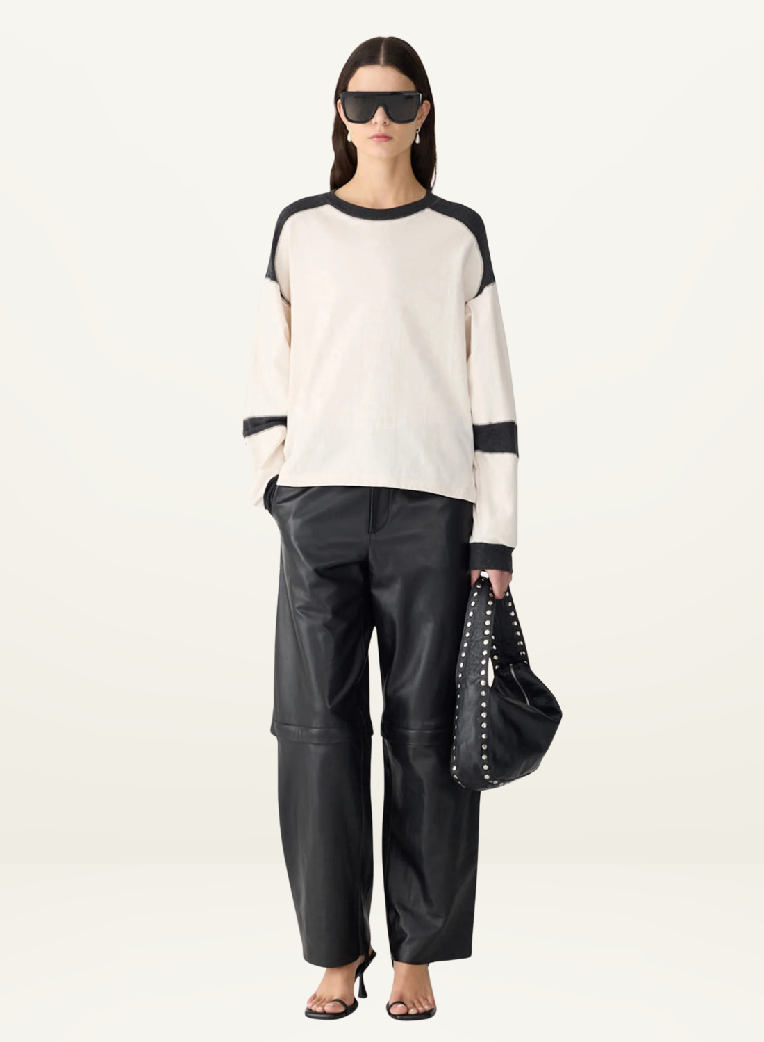 Bassike L/S Slouch Panelled T-Shirt in Ecru/Charcoal Marle
