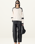 Bassike L/S Slouch Panelled T-Shirt in Ecru/Charcoal Marle