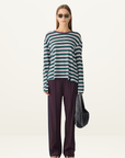 Bassike Stripe Boyfriend L/S T-Shirt in FOREST BURGUNDY WHITE