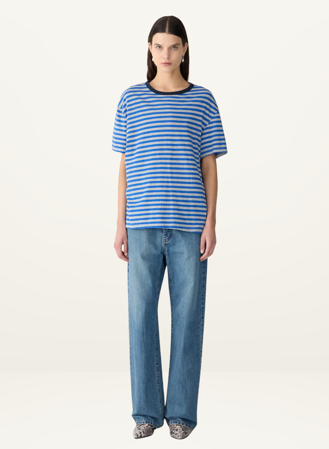 Bassike Stripe Boyfriend T-Shirt in COBALT/GREY MARLE