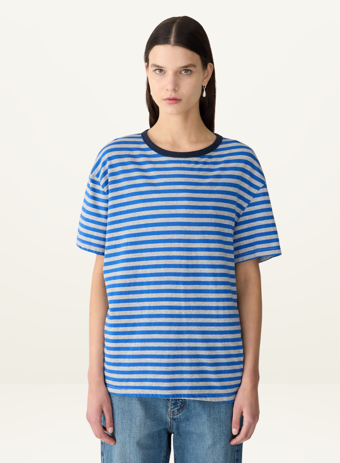 Bassike Stripe Boyfriend T-Shirt in COBALT/GREY MARLE