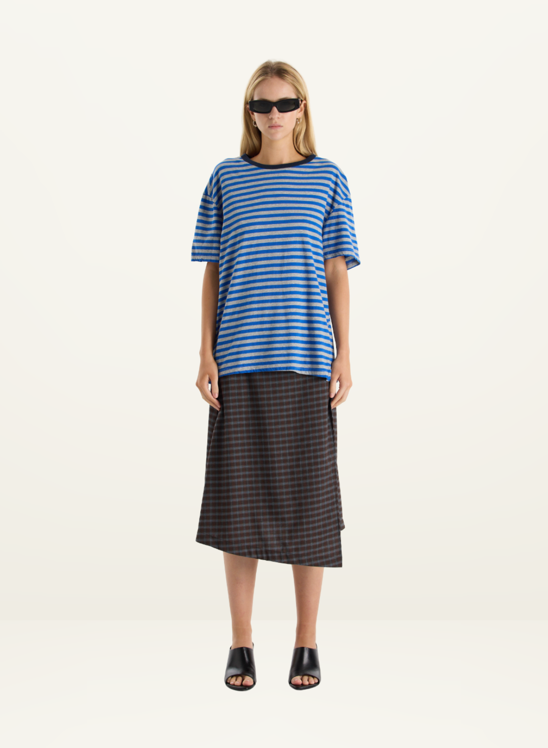 Bassike Stripe Boyfriend T-Shirt in COBALT/GREY MARLE